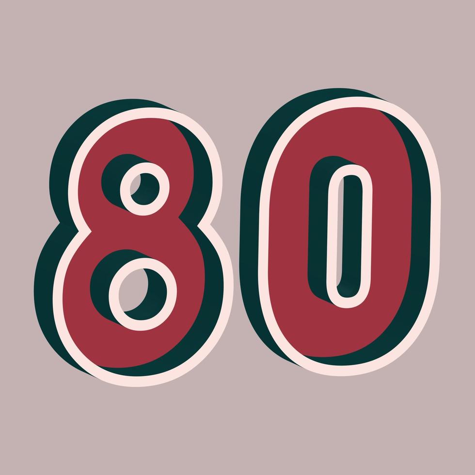 vector número 80 con efecto 3d en estilo retro. bien rojo y colores verde azulado profundo