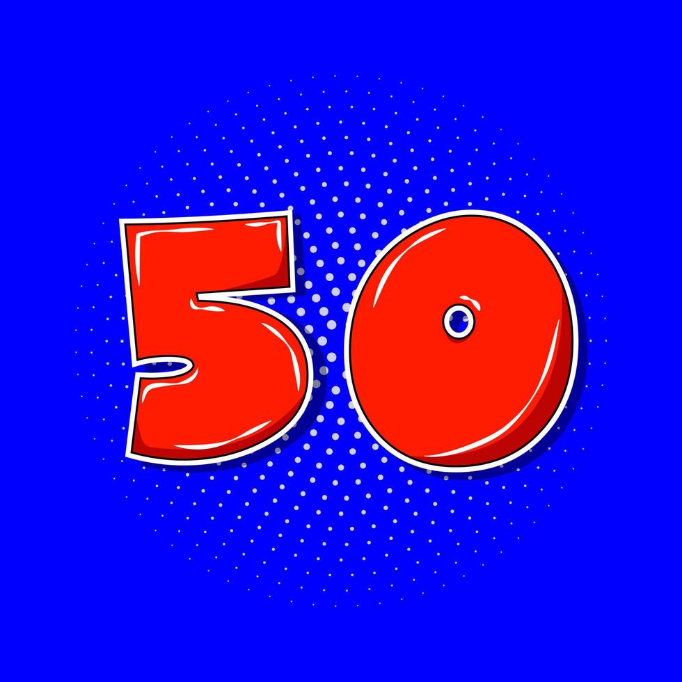 Pop art red number 50 over blue dotted background. vector