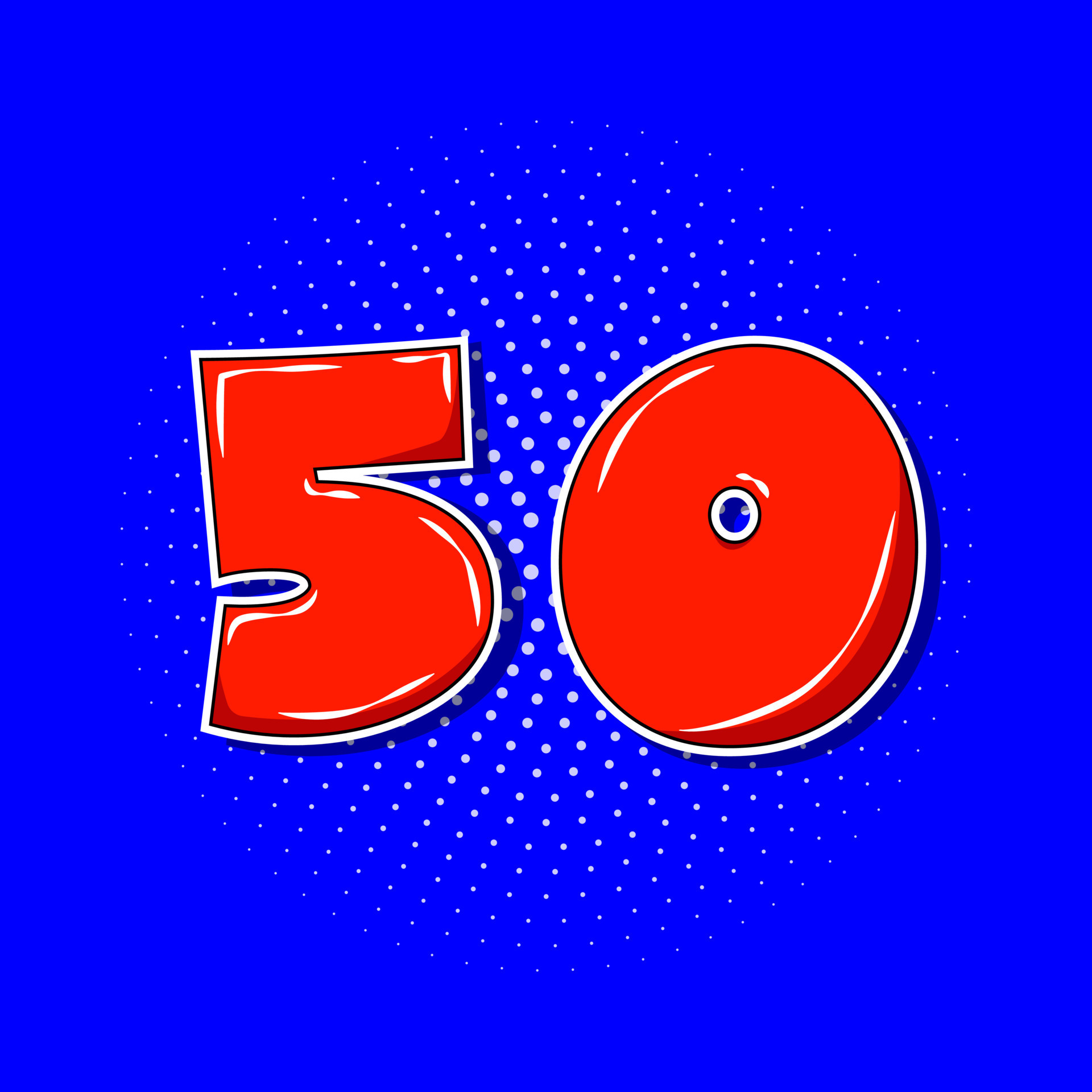 Pop art red number 50 over blue dotted background. 13957320 Vector Art