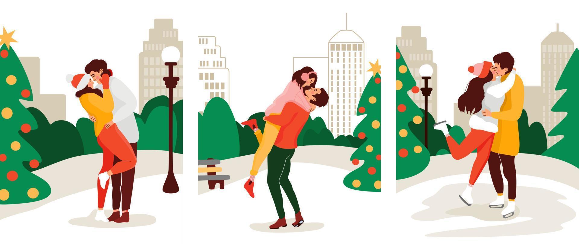 Three Christmas postcards with romantic couples hugging and kissing. Lovers on a winter time dates with cityscapes as a background. Xmas vibes. vector