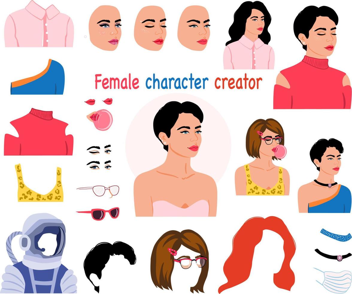 Female character creator, woman portrait generator. Cosmic girl avatar constructor. Face expressions, clothes variations, different hairstyles. vector