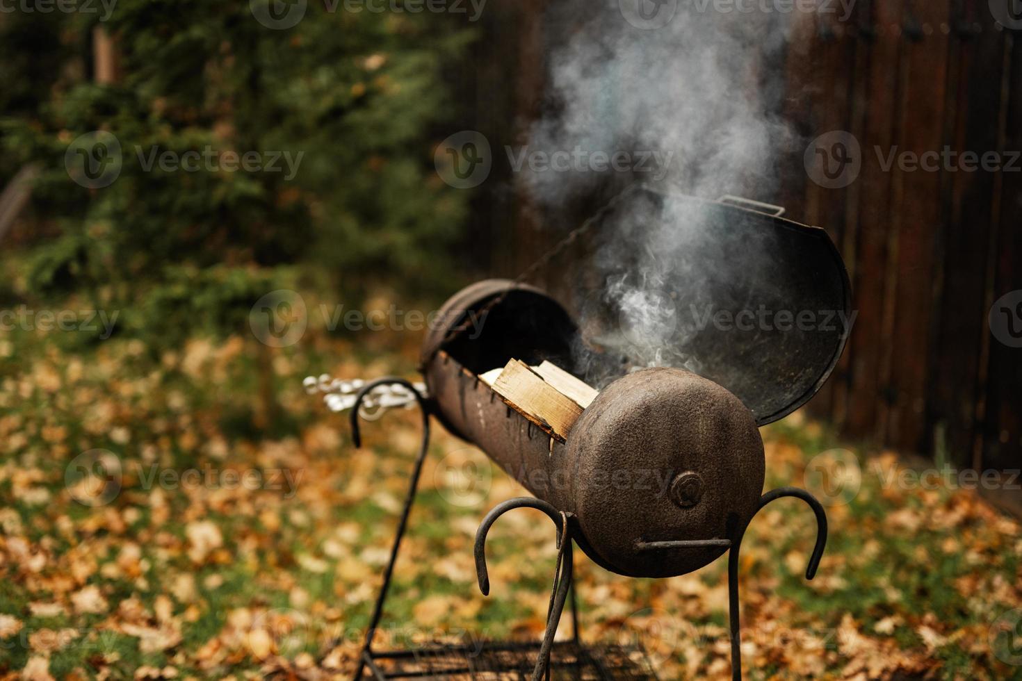 Barbecue grill in the open air with woods and smoke in autumn. photo