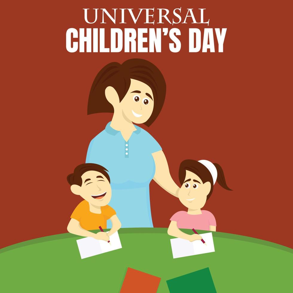 illustration vector graphic of mother is accompanying her two children studying at the table, perfect for international day, universal childrens day, celebrate, greeting card, etc.