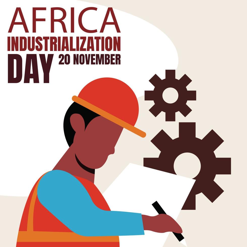 el gráfico vectorial ilustrativo de un trabajador del proyecto está escribiendo en un papel, mostrando un engranaje, perfecto para el día internacional, el día de la industrialización de África, celebrar, tarjeta de felicitación, etc. vector