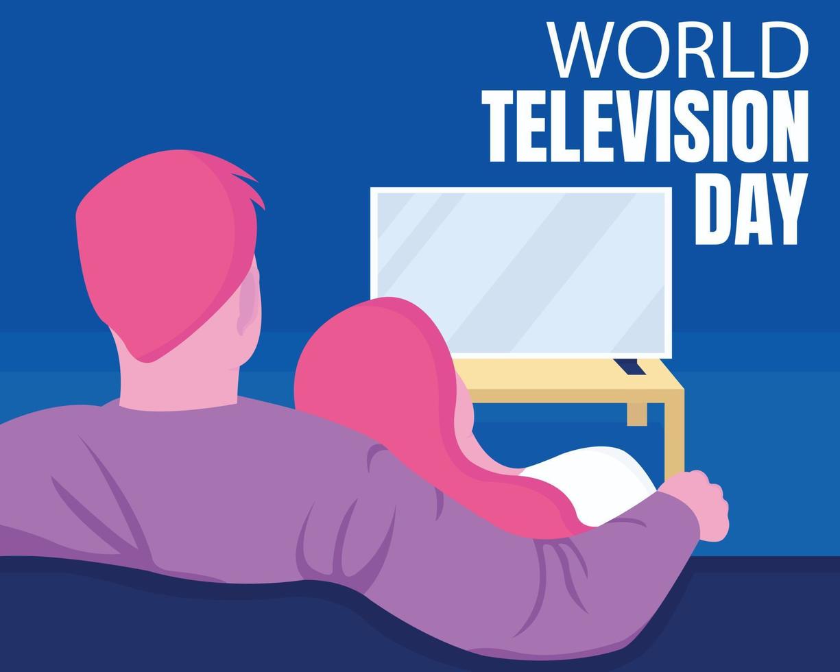 el gráfico vectorial ilustrativo de una pareja está sentado viendo televisión, perfecto para el día internacional, el día mundial de la televisión, celebrar, tarjeta de felicitación, etc. vector