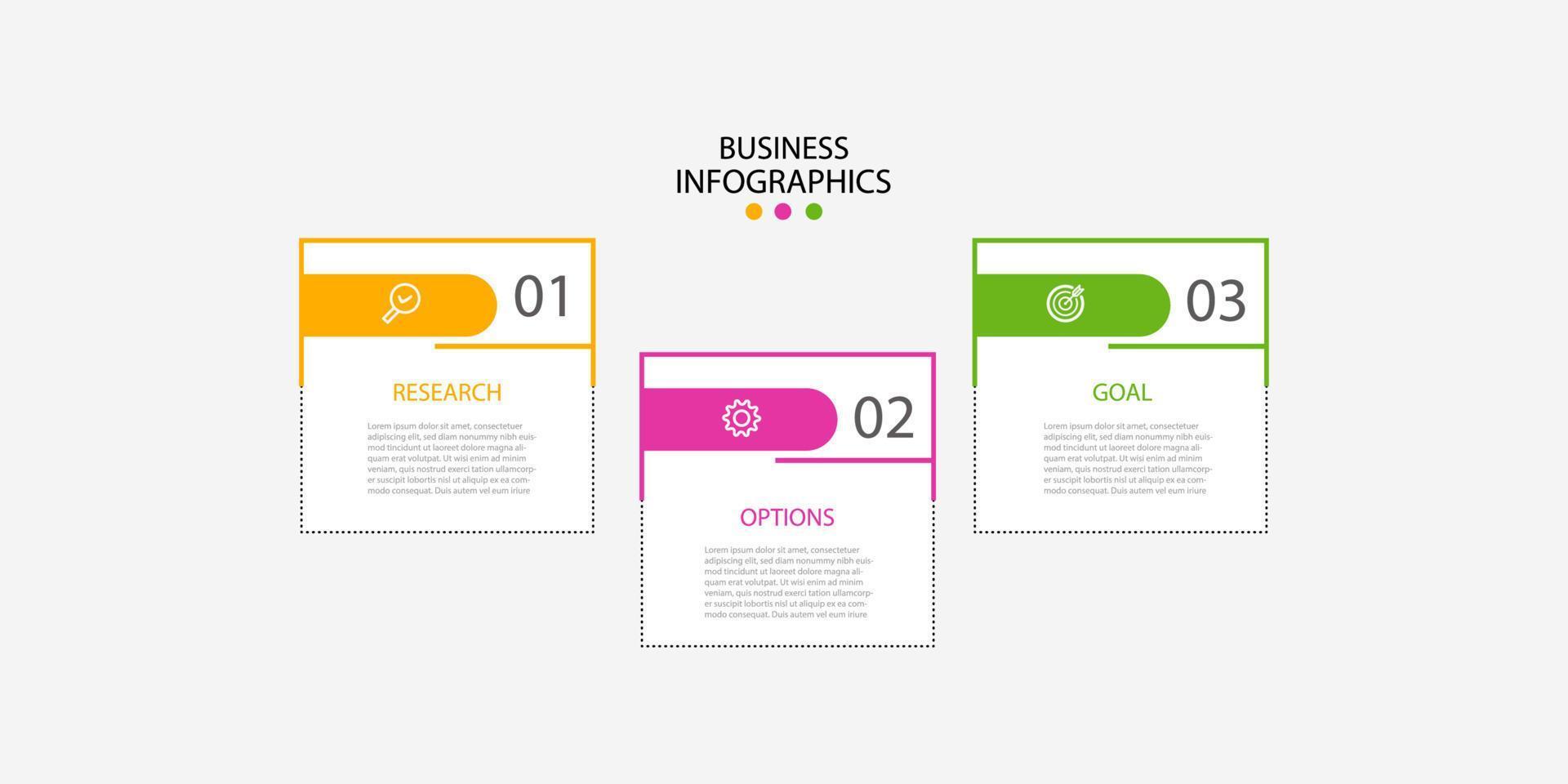 vector de plantilla de diseño infográfico empresarial moderno con iconos y 3 opciones o pasos. se puede utilizar para el diagrama de proceso, presentaciones, diseño de flujo de trabajo, banner, diagrama de flujo, gráfico de información.eps10 vector