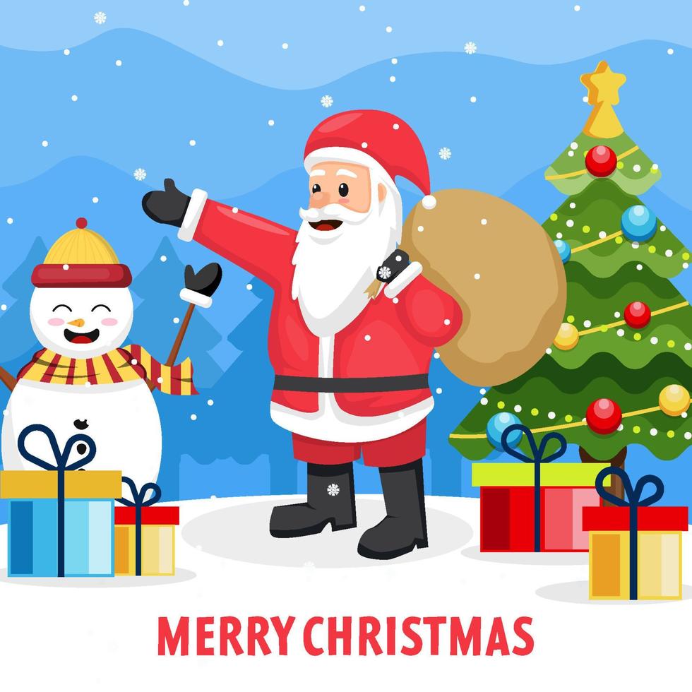 flat design christmas scenes with santa claus, snowman, christmas tree, and gift boxes vector