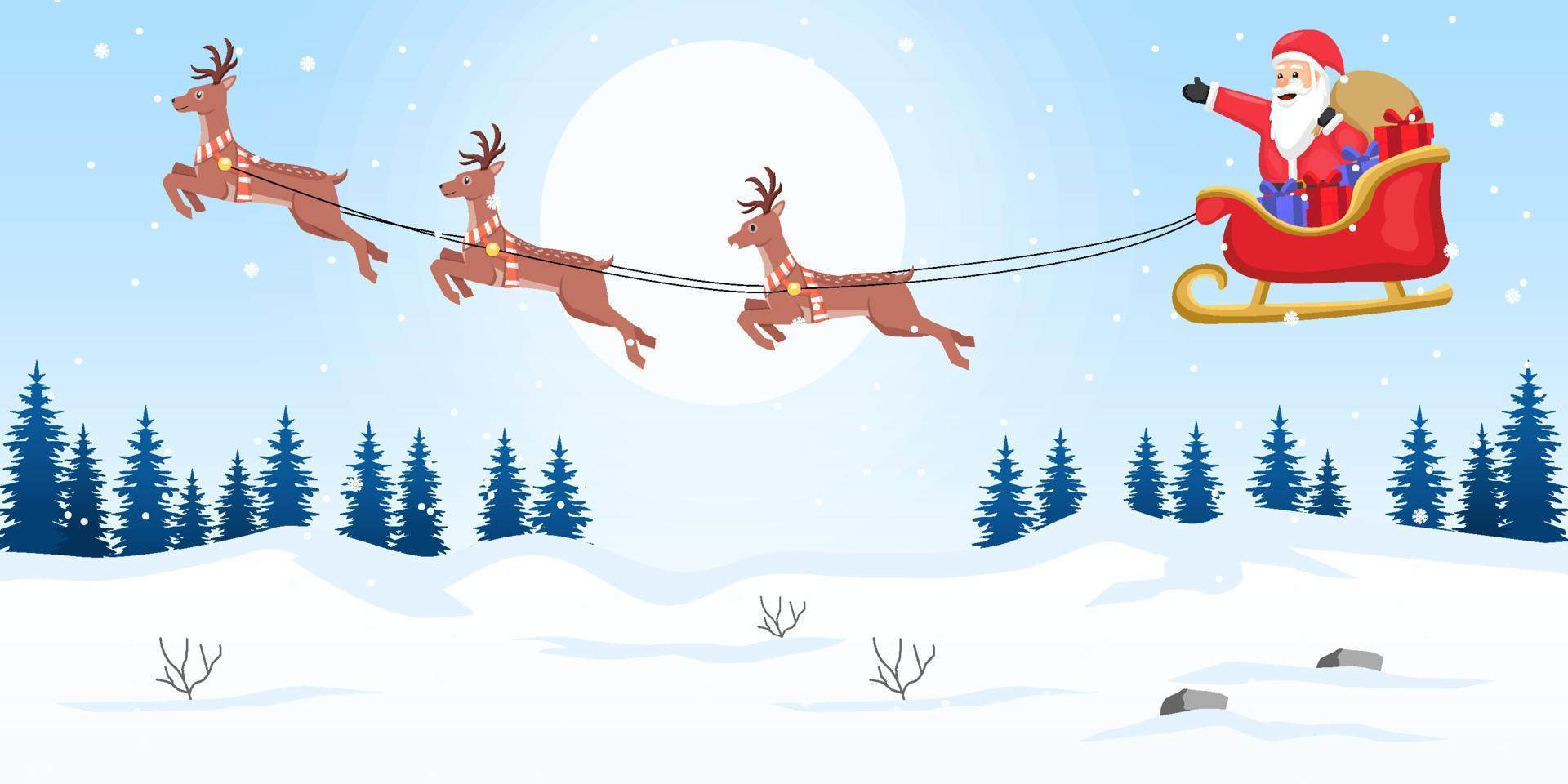 santa claus riding flying deers over winter landscape vector