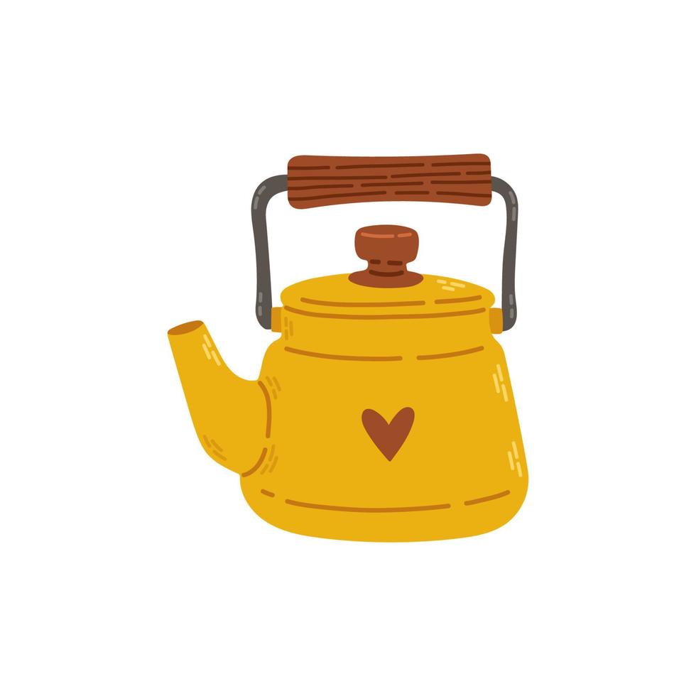 Yellow ceramic teapot for tea with heart. Stock design isolated on a white background for websites and apps. Vector illustration