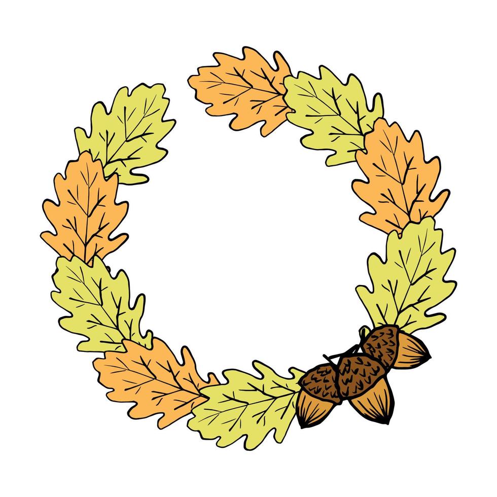 Hand-drawn color vector illustration. Round frame, a wreath of autumn oak leaves, acorns. For seasonal design, labels, stickers. Nature, forest plants.