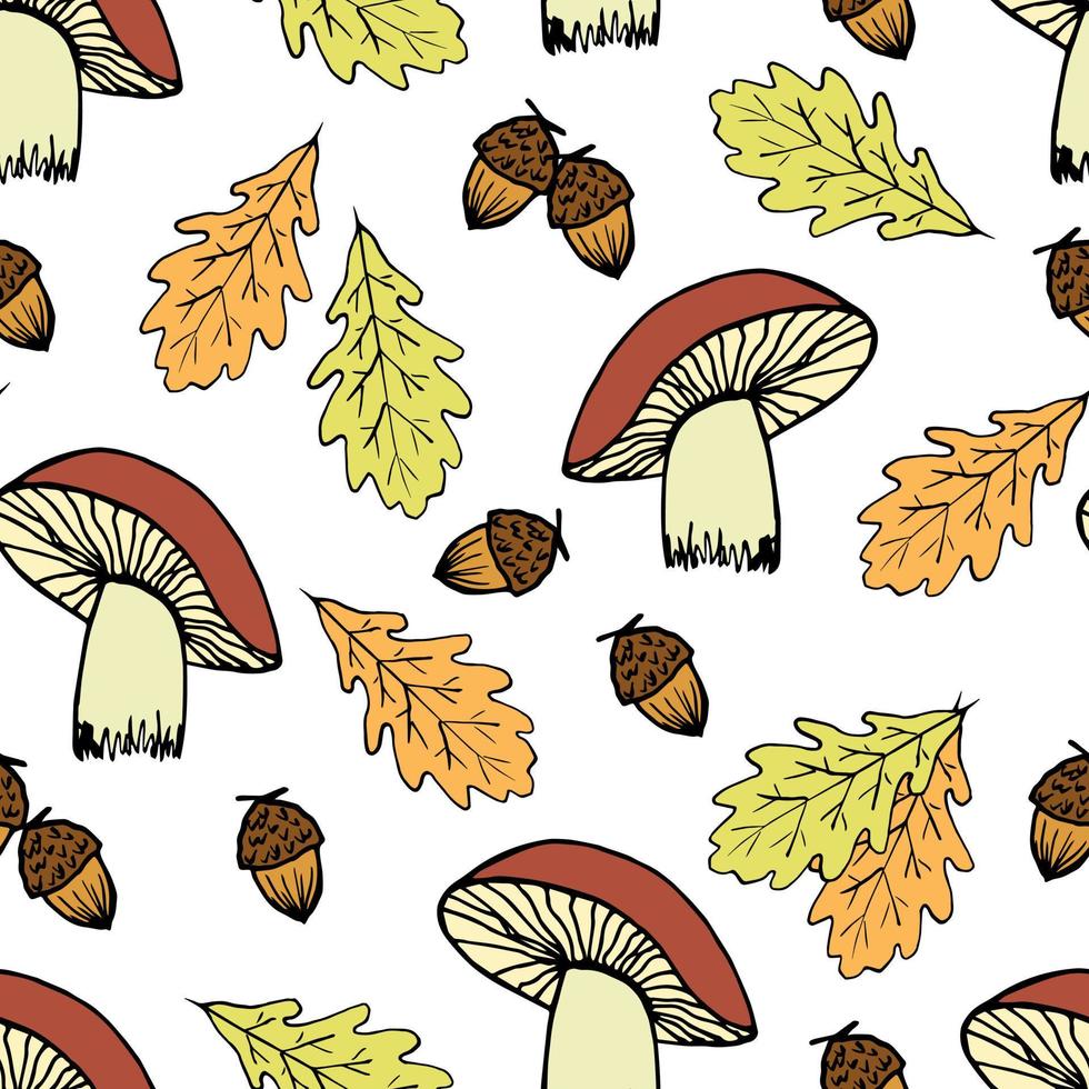 Mushrooms, yellow oak leaves, acorn on a white background. For fabric prints, kitchen textiles, autumn seasonal design. Forest plants, harvest. Seamless vector pattern.