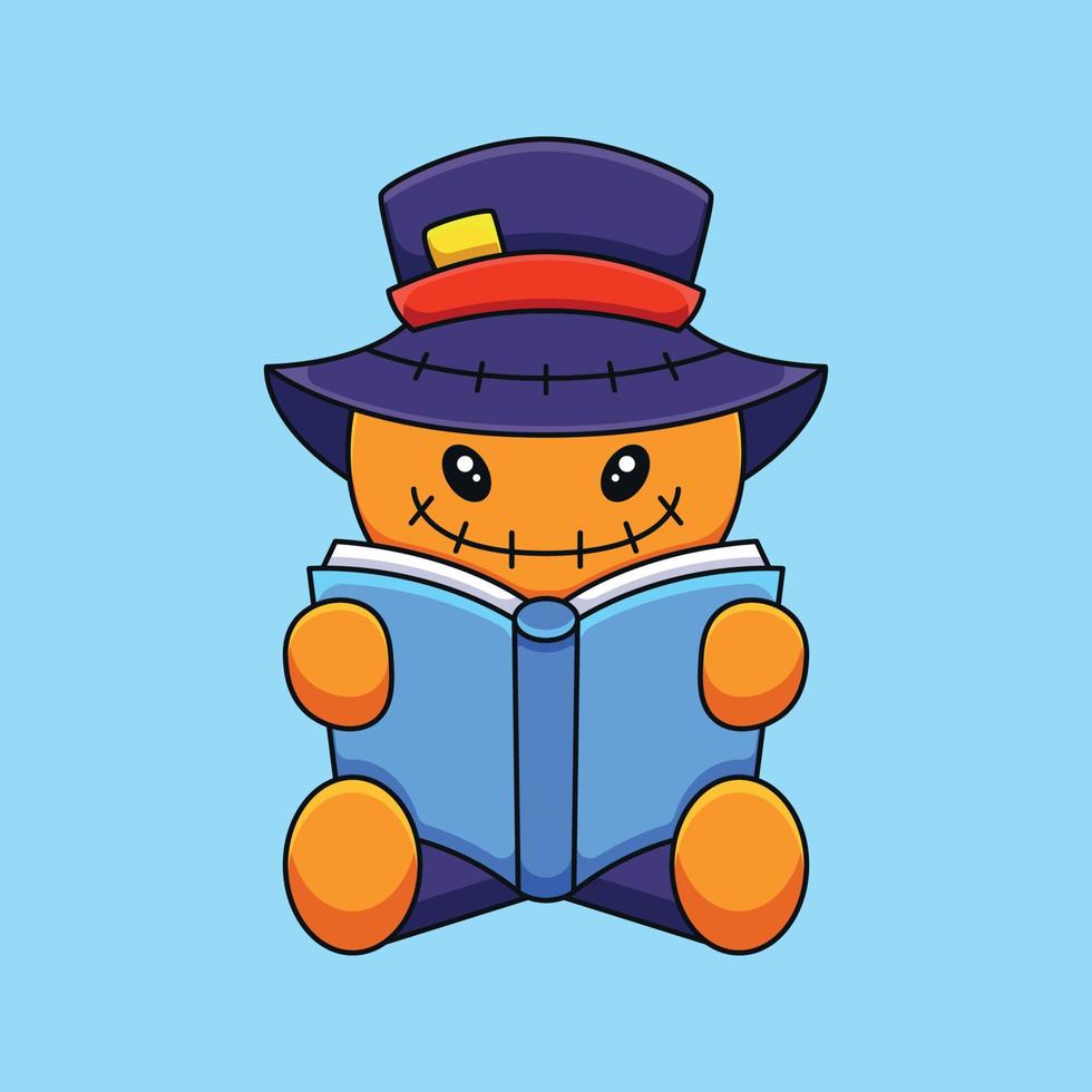 cute scarecrow reading book cartoon mascot doodle art hand drawn concept vector kawaii icon illustration