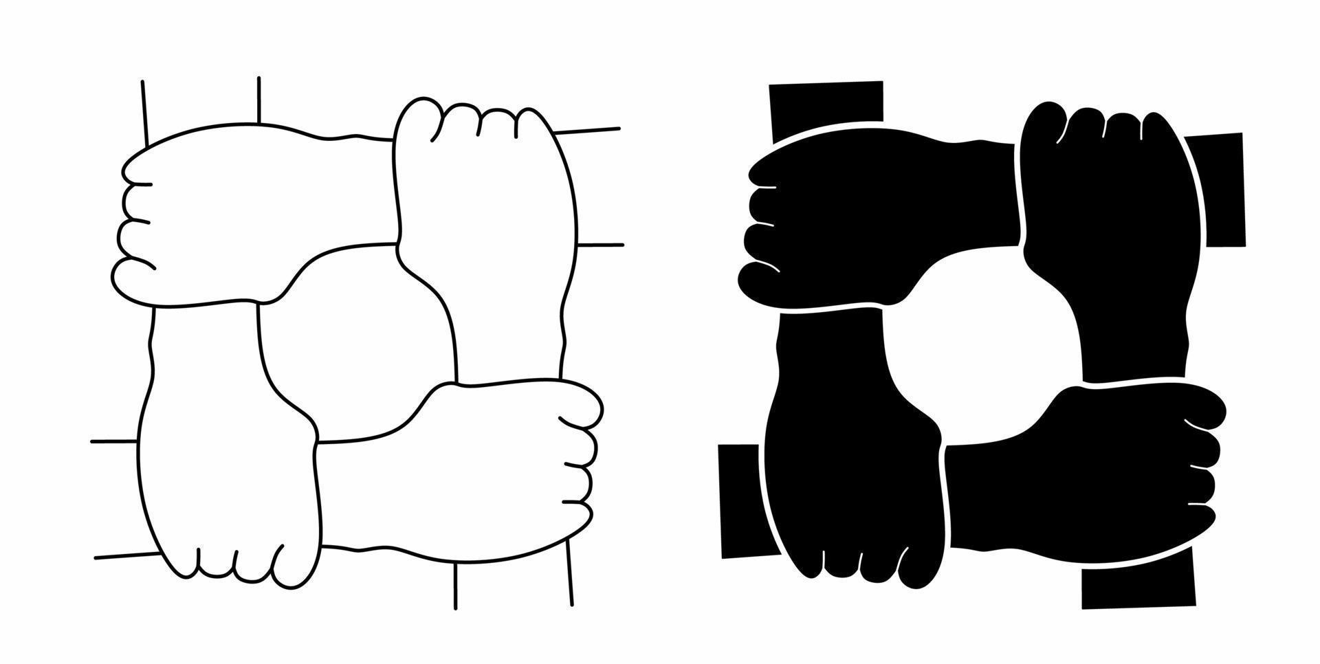 outline silhouette Four hands hold together icon set isolated on white background. Symbol of team work, support, charity organization and donation community vector