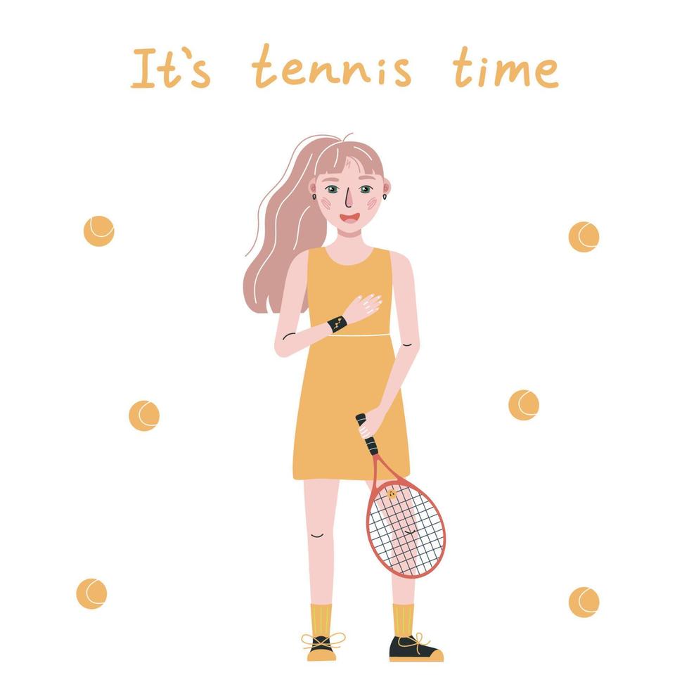 Flat vector illustration in childish style. Hand drawn tennis player It is tennis time