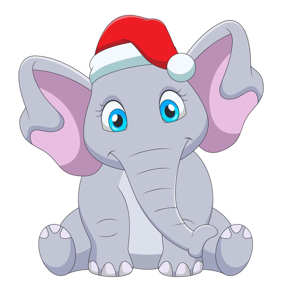 Cartoon cute sitting elephant in santa hat. Vector illustration