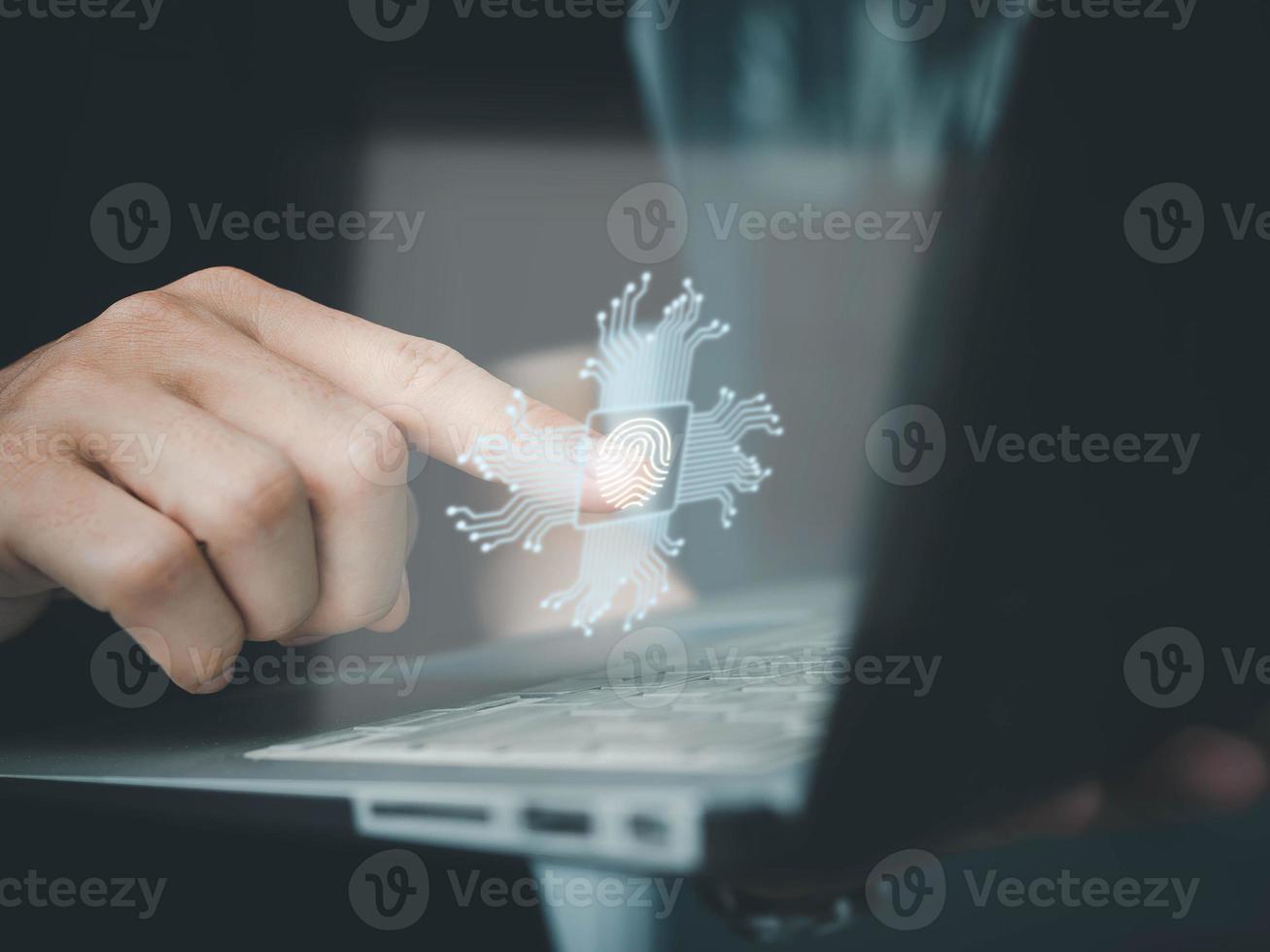 Pointing finger hand scanner biometric security access identification technology online digital fingerprint computer notebook online safety future system key interface thumbprint business photo