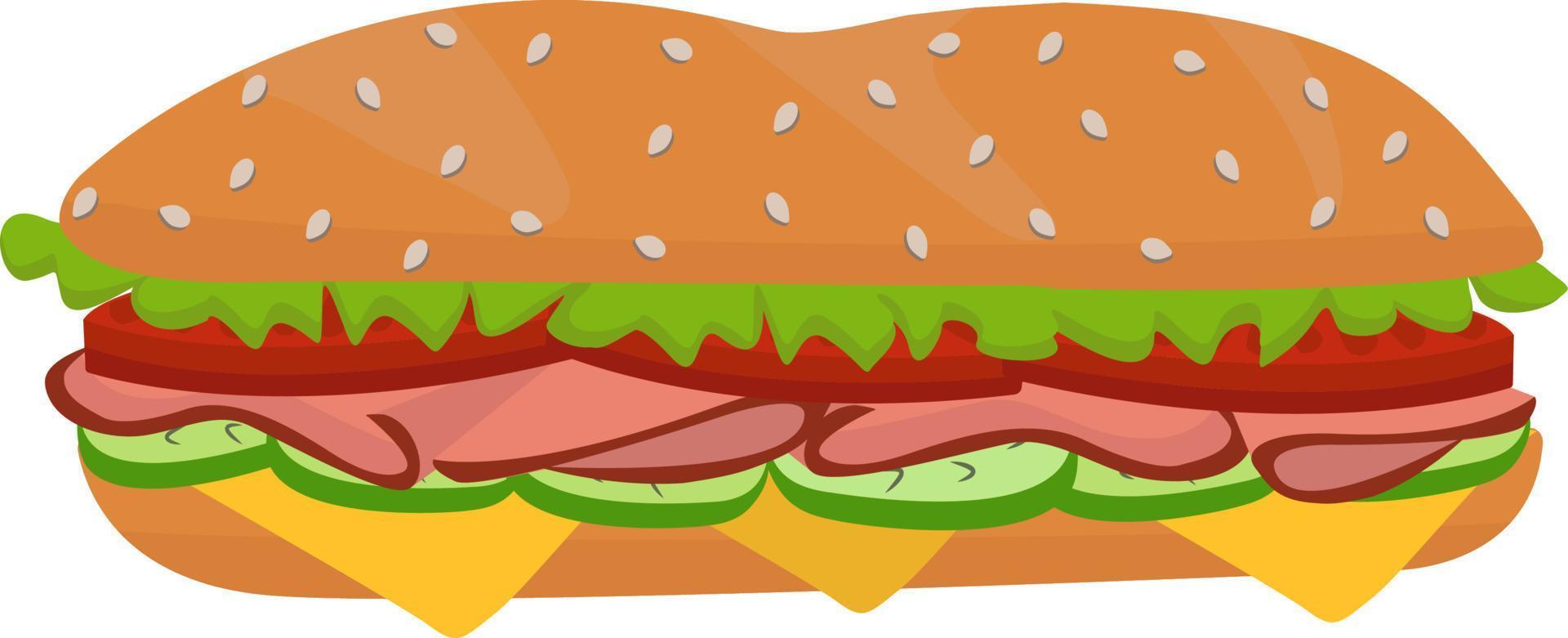 ilustración de una hamburguesa o sándwich estilizado. comida rápida. aislado en un fondo blanco. caricatura deliciosa hamburguesa grande con queso y semillas de sésamo, tocino, tomates aislados en un fondo blanco vector