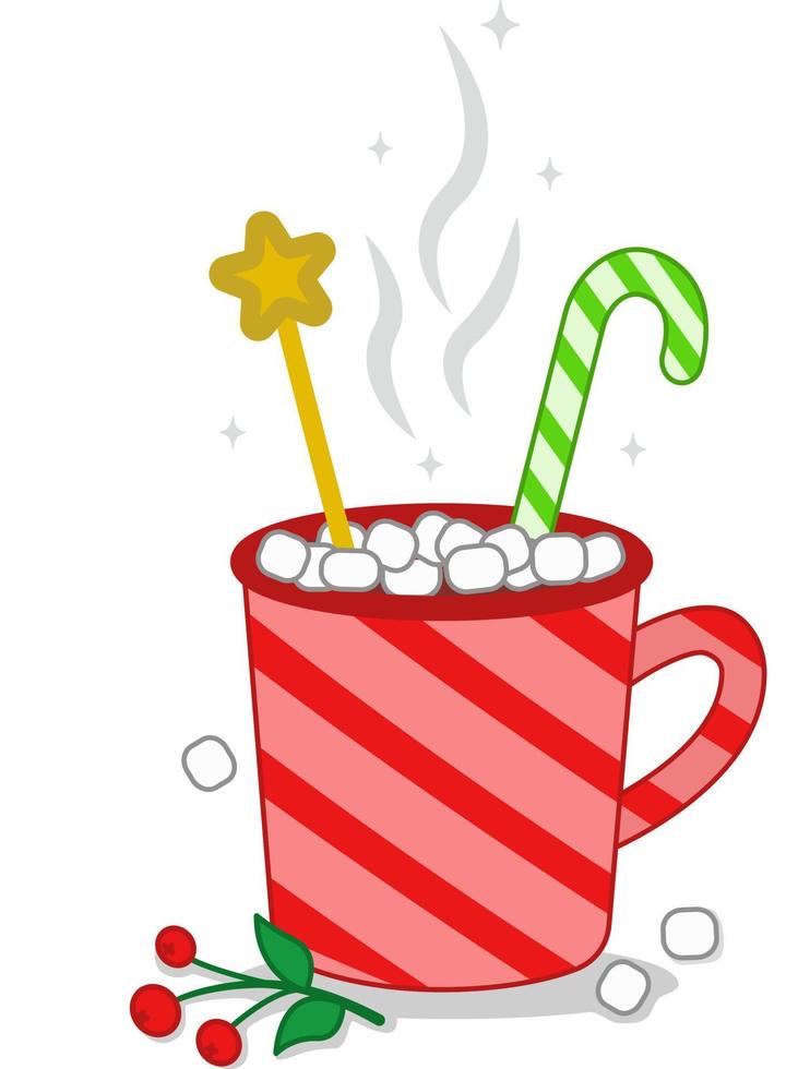 chocolate caliente con paletas navideñas y malvaviscos en una taza roja.  ilustración vectorial feliz navidad y feliz año nuevo copa con dulces.  ilustración de estilo de dibujos  de diseño vectorial.  13959687