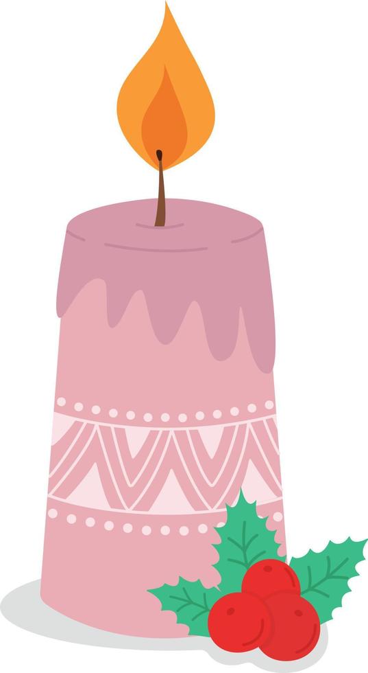 Pink Christmas candle with a pattern isolated on a white background. Festive illustration with a burning candle decorated with Christmas berries.  Vector illustration in a fashionable style.