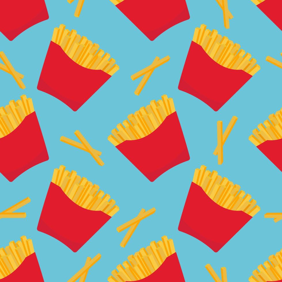 Seamless vector pattern of French fries. For printing, wrapping paper, advertising, restaurant menus, packaging, books, postcards, magazine covers, web pages, fabrics, textiles, grocery stores.