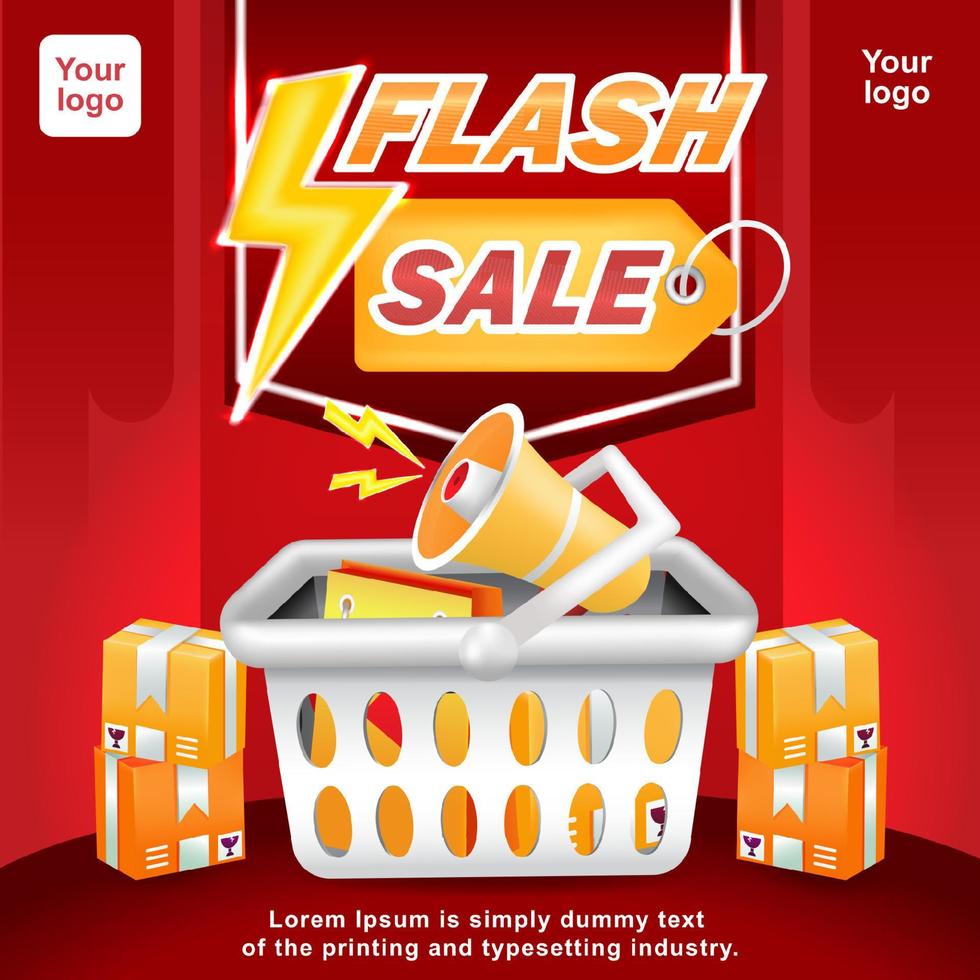 Flash Sale. 3d illustration of megaphone and packages in shopping cart vector