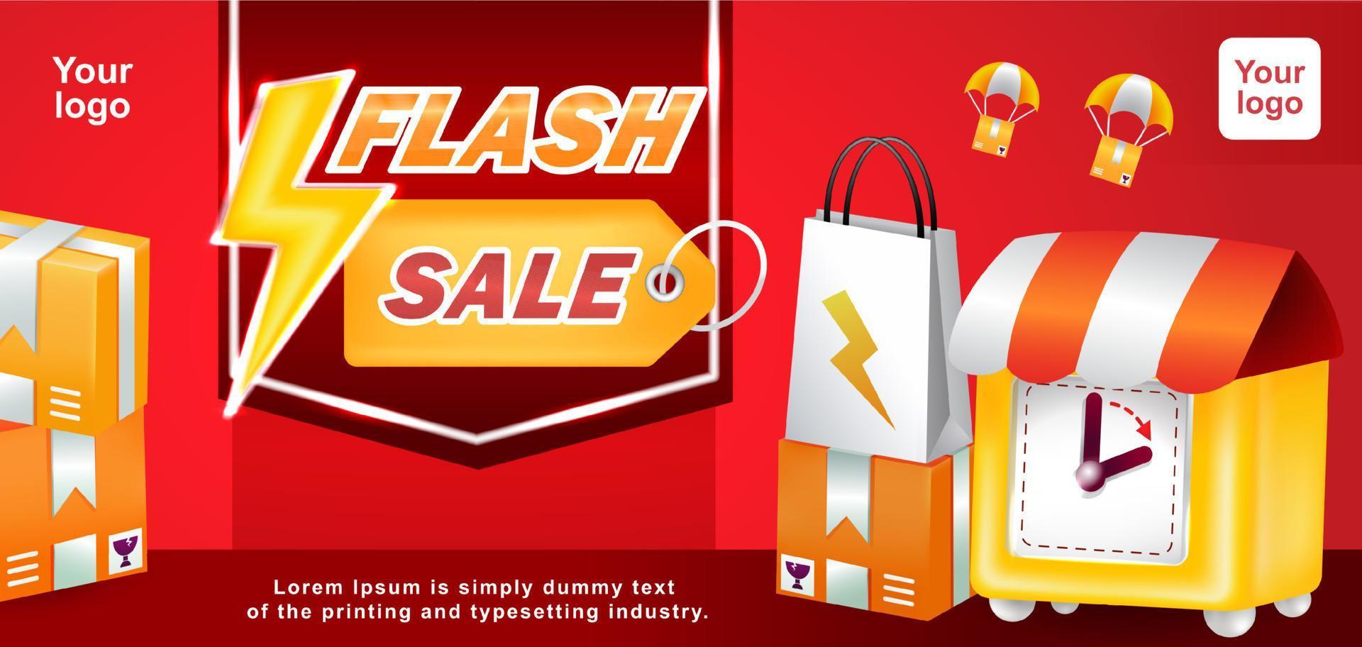 Flash Sale, yellow clock and shopping package 3d illustration vector