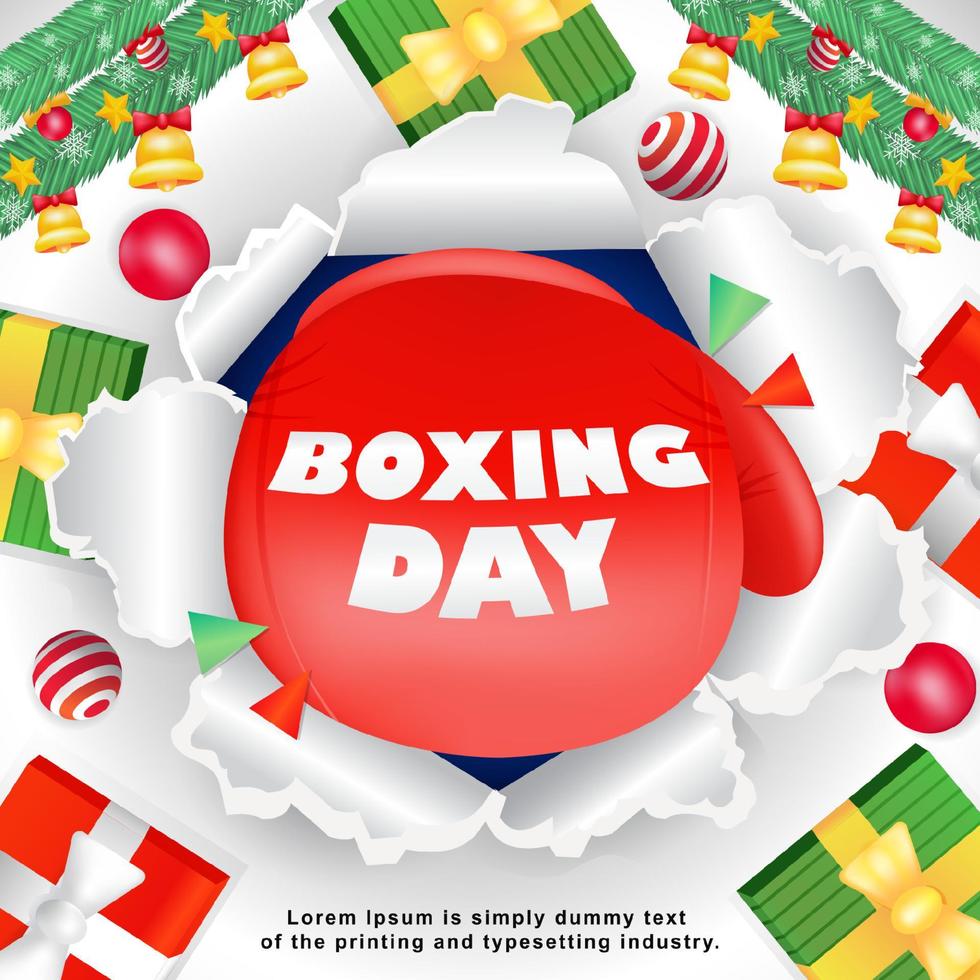 día de boxeo, ilustración 3d de regalos y guantes de boxeo golpeando papel. adecuado para eventos vector