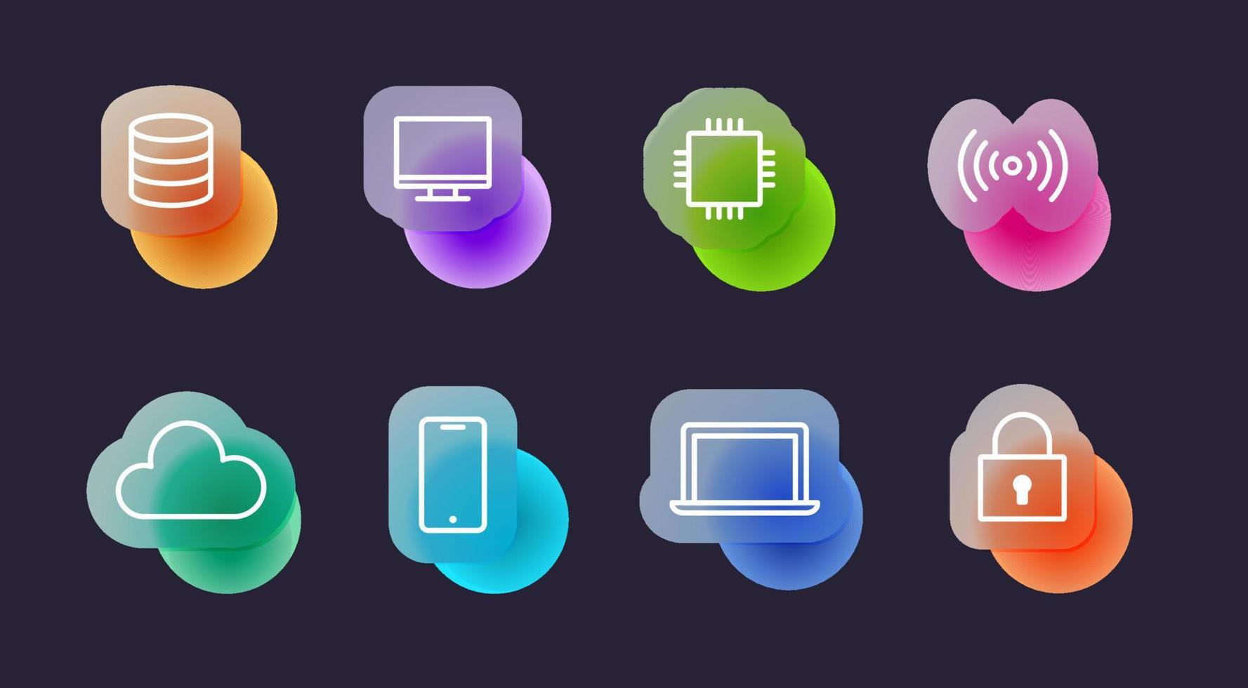 Technology icons set in glassmorphic style on dark background. Transparent blur glass effect icons. Vector illustration