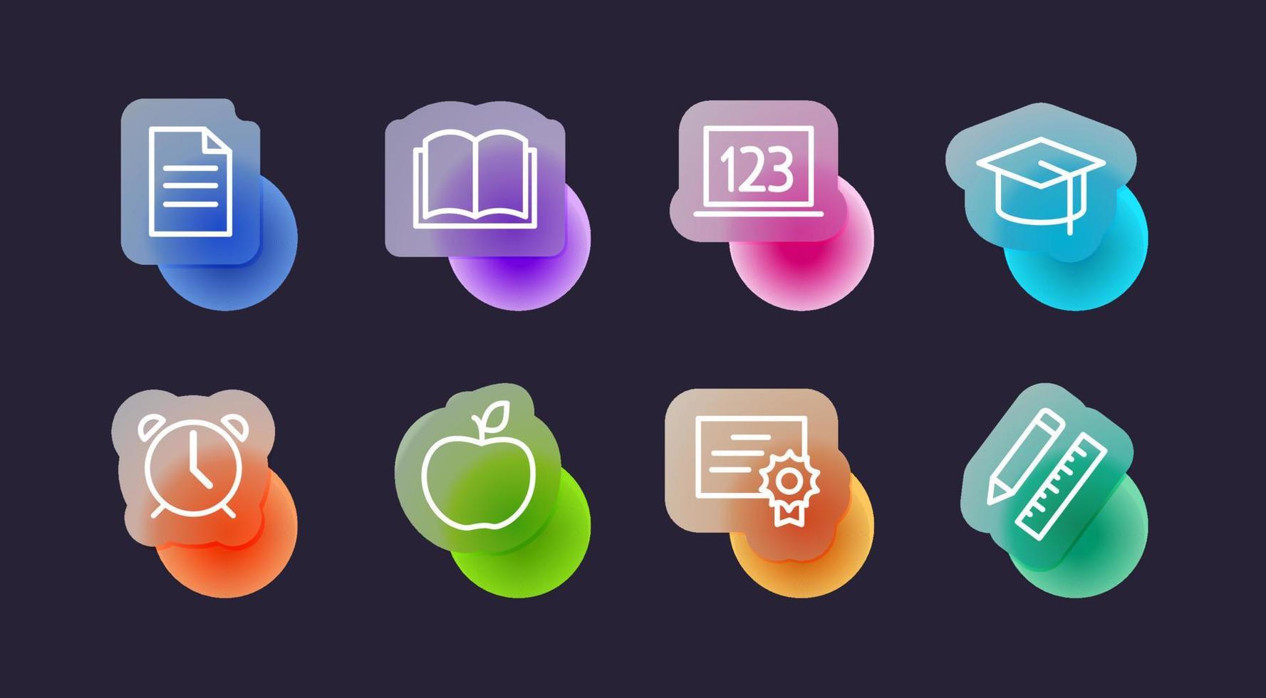 Education icons set in glassmorphic style. Transparent blur glass effect icons. Vector illustration