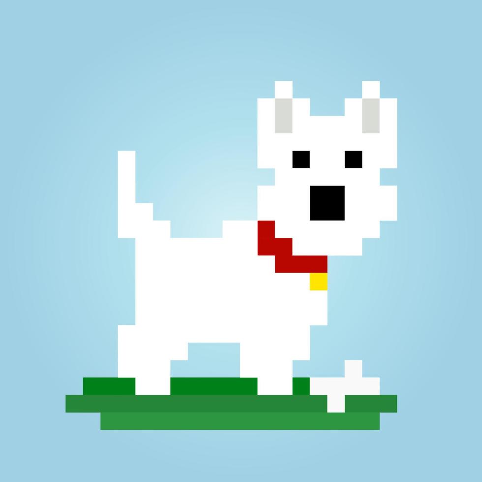 8 bit pixel of white dog. Animals for asset games in vector illustrations. Cross Stitch pattern.