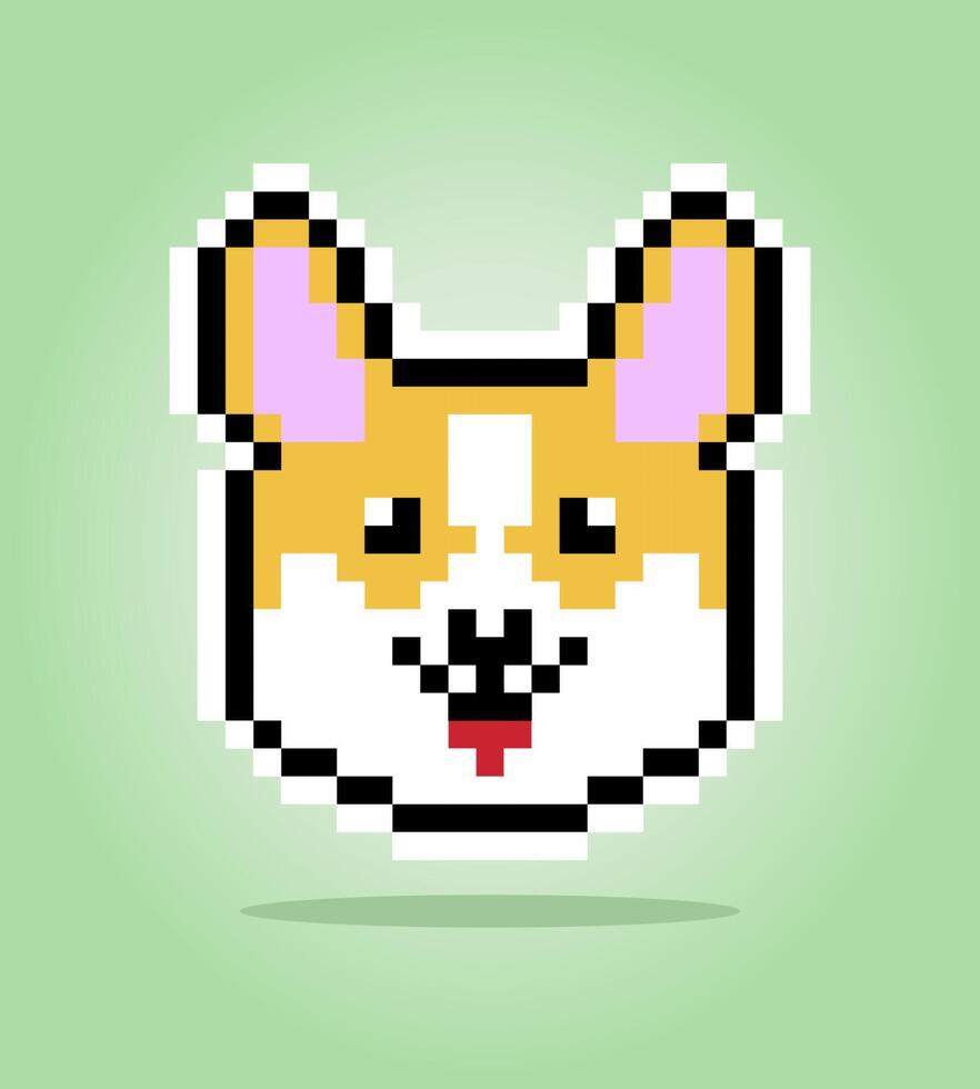 Píxel de 8 bits de perro corgi. cabeza de animal para juegos de activos en ilustraciones vectoriales. patrón de punto de cruz. vector