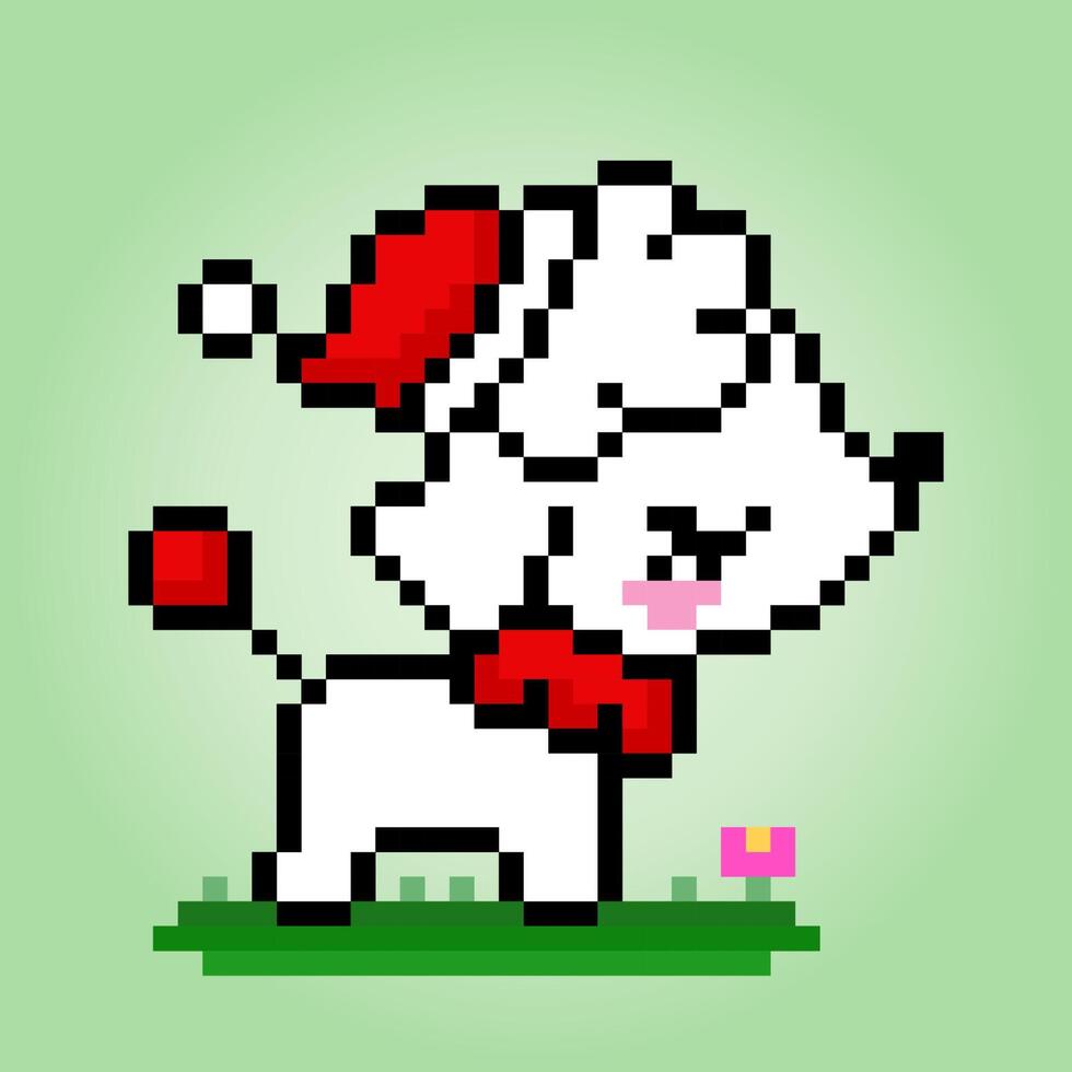 8 bit pixel of chinese crested dog wearing a Santa hat. Animals for asset games in vector illustrations. Cross Stitch pattern.