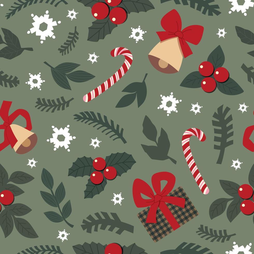 lindos elementos navideños dibujados: ramas de abeto, campanas, dulces, muérdago, regalos, copos de nieve, hojas. patrón transparente de vector para envolver papel, fondo, tela. conjunto de objetos aislados.