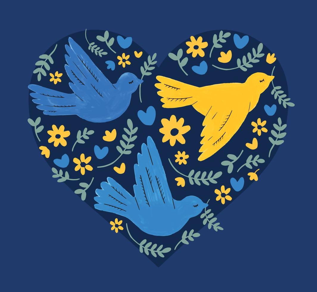 Hand drawn doves of peace in blue and yellow colors. Cute heart shaped illustration. vector