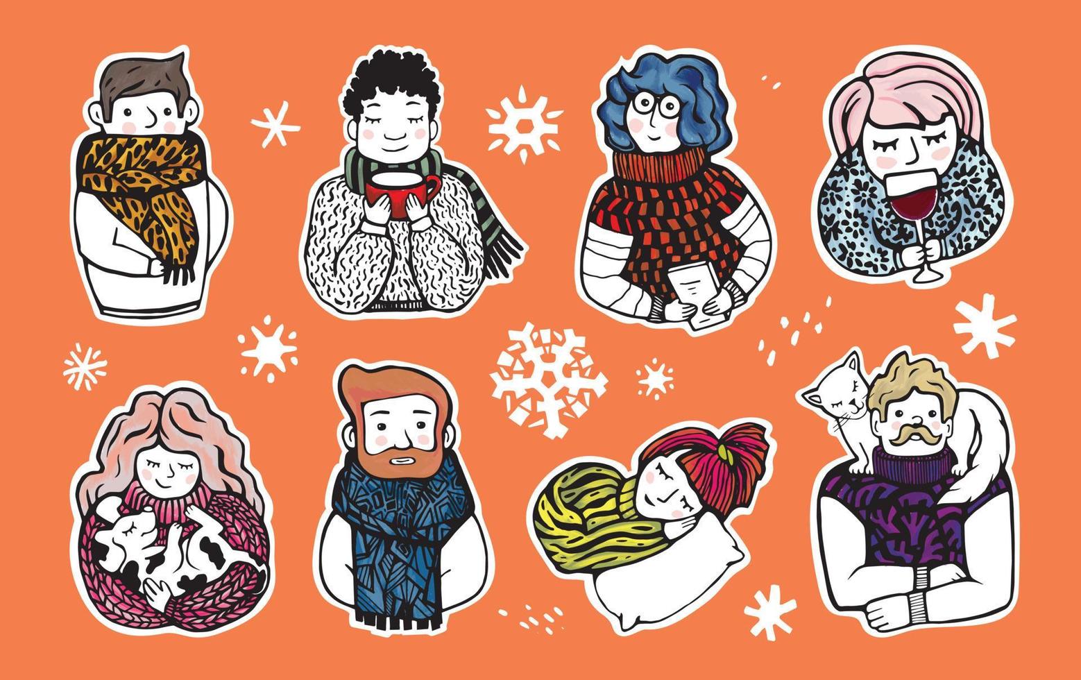 Big set of cute stickers of different people in warm clothes. Christmas elements, snowflakes, branches, gifts, leaves. Hand drawn winter illustration isolated on layers. Children's funny style. vector