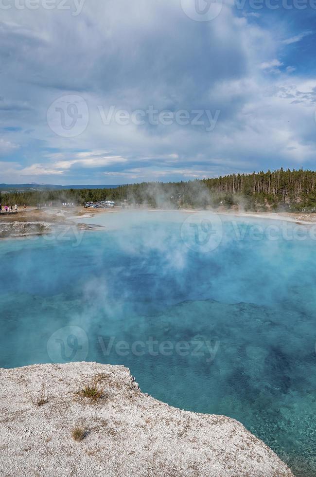 Scenic view of Excelsior Geyser at Yellowstone park with sky in background photo