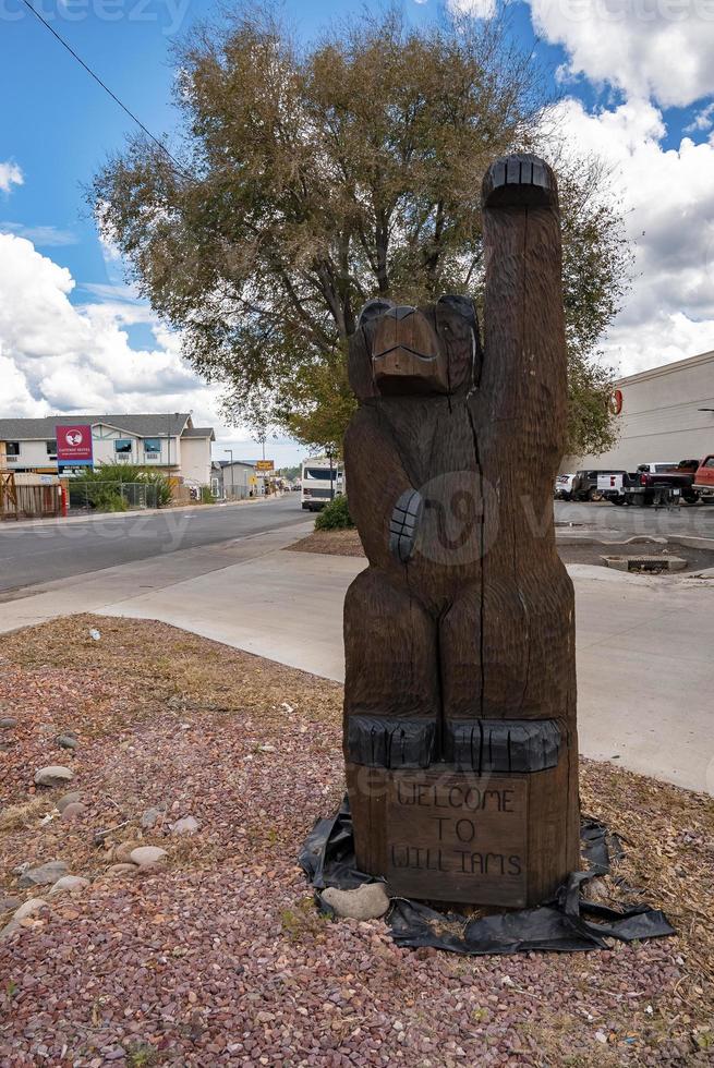 Wooden bear statue welcoming visitors in city of Williams with sky in background photo