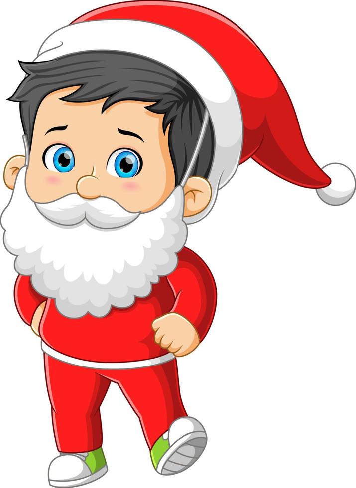 The cute boy is wearing the Santa claus costume and dancing with the happy expression vector