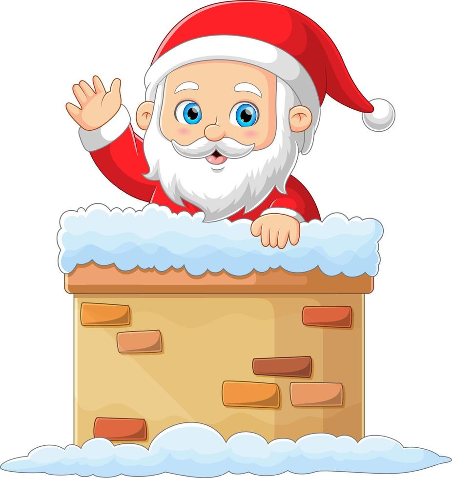 The Santa claus is giving a wave hand to someone while entering chimney vector