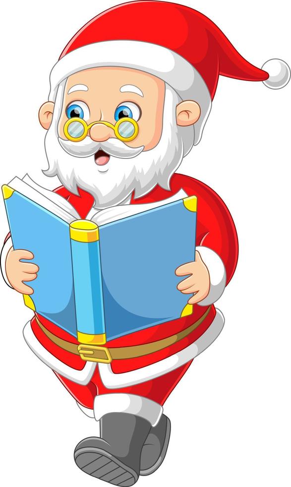 The Santa claus is reading a book while walking and wearing a glasses vector