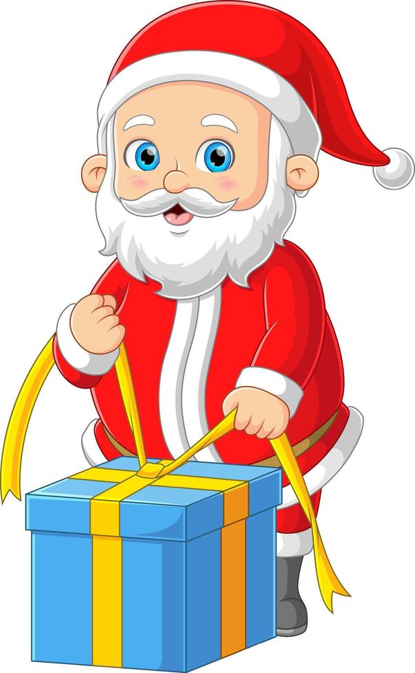 The Santa claus is tying a big gift and smiling with a good pose vector