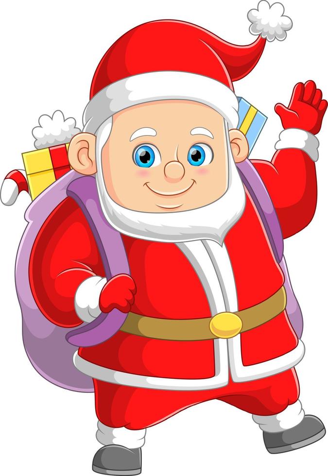 The happy big santa claus is bringing the gift bag for sharing to the house vector