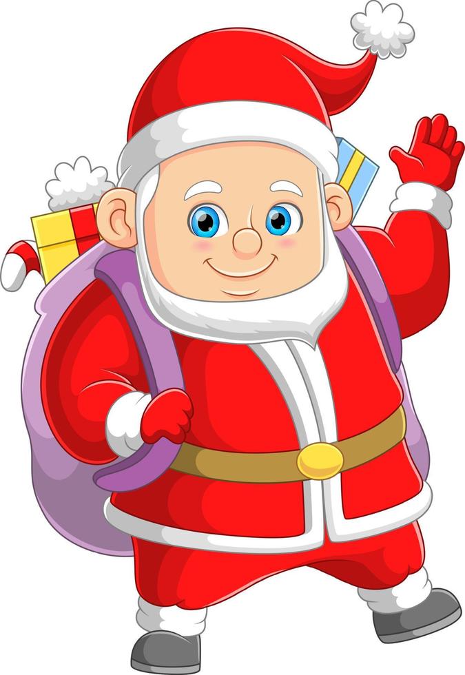 el feliz gran santa claus está trayendo la bolsa de regalo para compartir en la casa vector