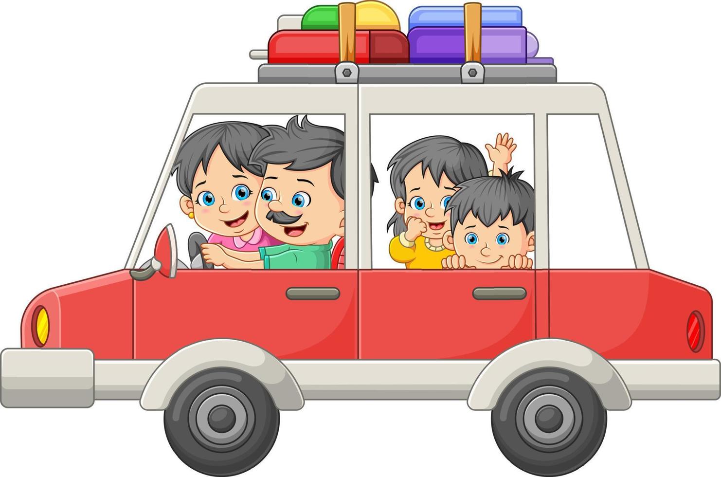 The big happy family is going to traveling together with driving the car vector