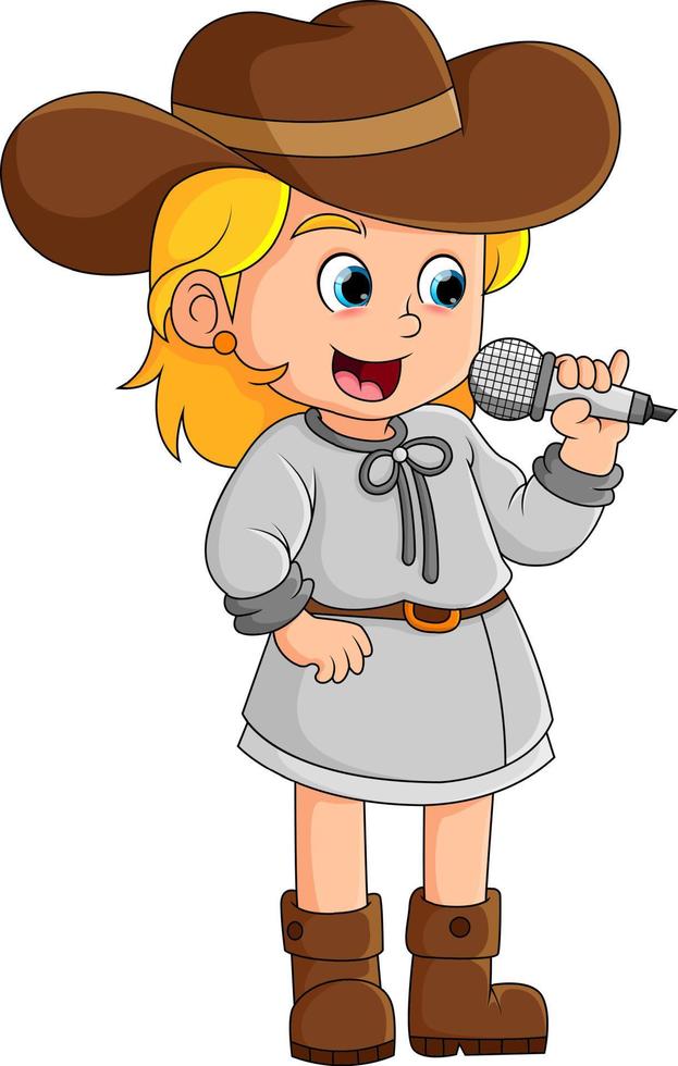 The cute girl is singing a country song while wearing a cowboy hat vector