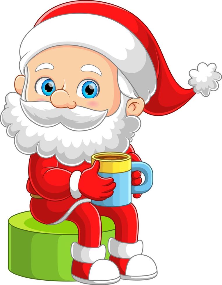 The old Santa claus is enjoying the snowdrop with drinking a cup of tea