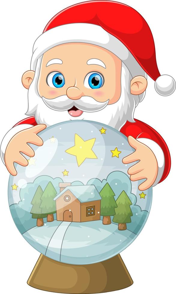 The Santa claus is holding and fortune telling a magical snowball on hand vector