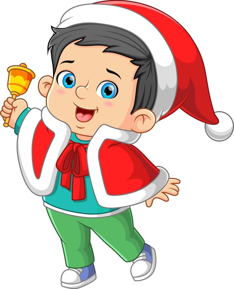 The happy boy is wearing the Santa robe and ringing the christmas bell vector