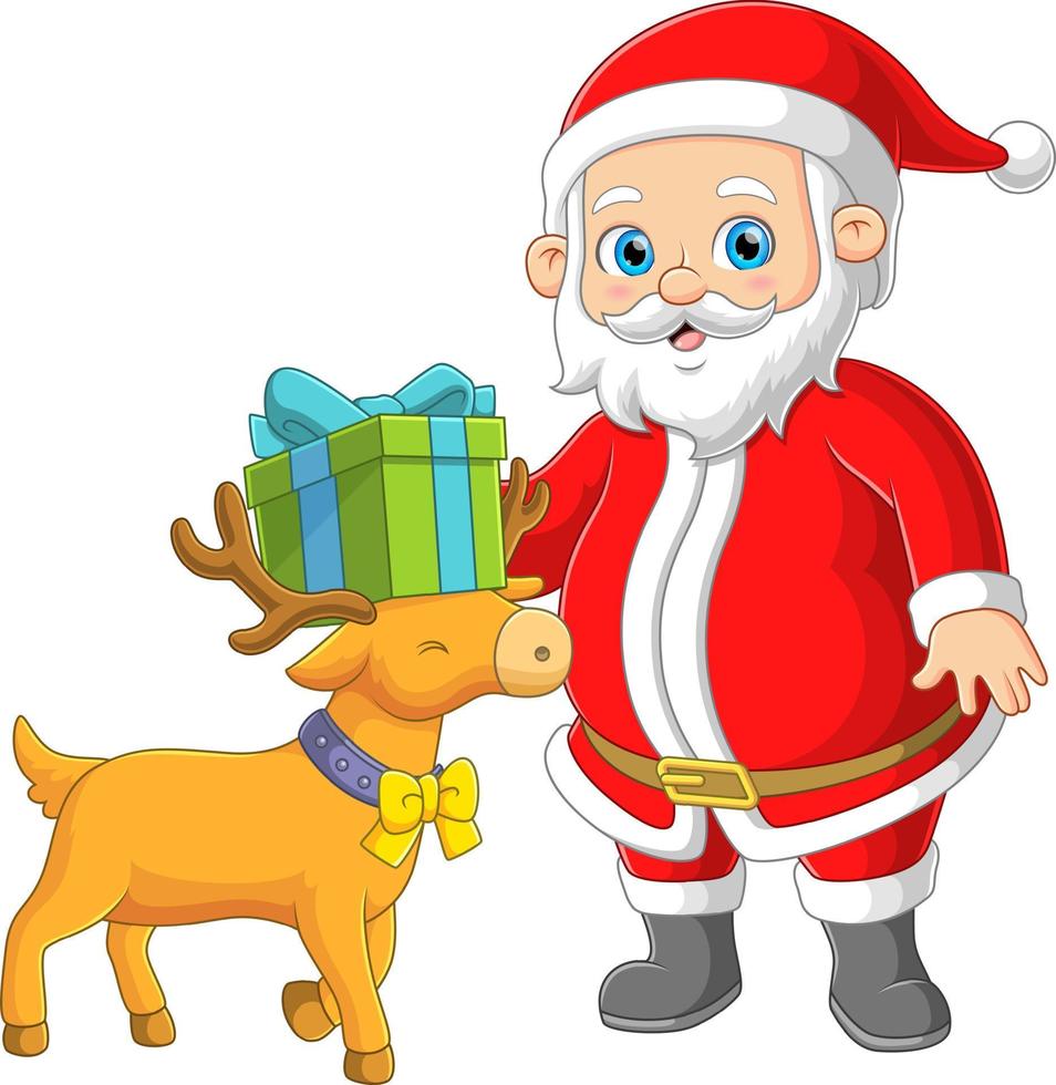 The Santa claus is taking a gift and put it on deer's head outside room vector