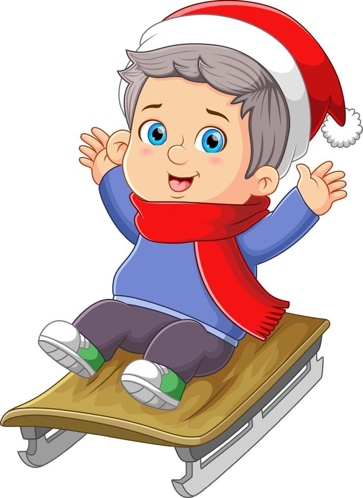 The happy boy is sliding on the ice with the ice cart vector